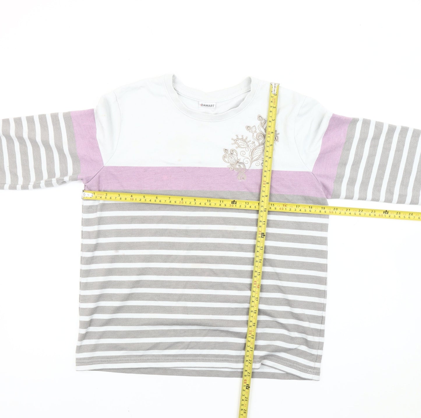 Damart Women’s White Grey Pink Striped Long Sleeve T-Shirt Size 10