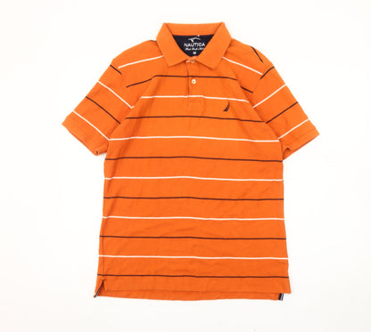 Nautica Men’s Orange Striped Polo Shirt M Cotton Short Sleeve