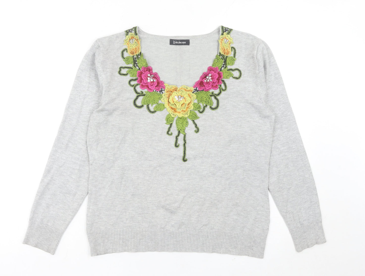 Kaleidoscope Womens Grey Floral Embroidered V-Neck Jumper Size 12