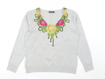 Kaleidoscope Womens Grey Floral Embroidered V-Neck Jumper Size 12