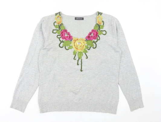 Kaleidoscope Womens Grey Floral Embroidered V-Neck Jumper Size 12