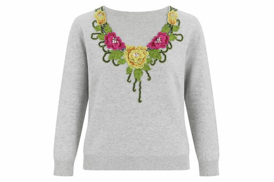 Front view of Kaleidoscope women’s grey floral embroidered v-neck jumper, size UK 12