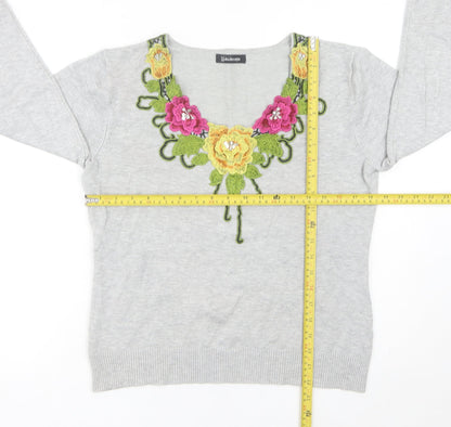 Kaleidoscope Womens Grey Floral Embroidered V-Neck Jumper Size 12