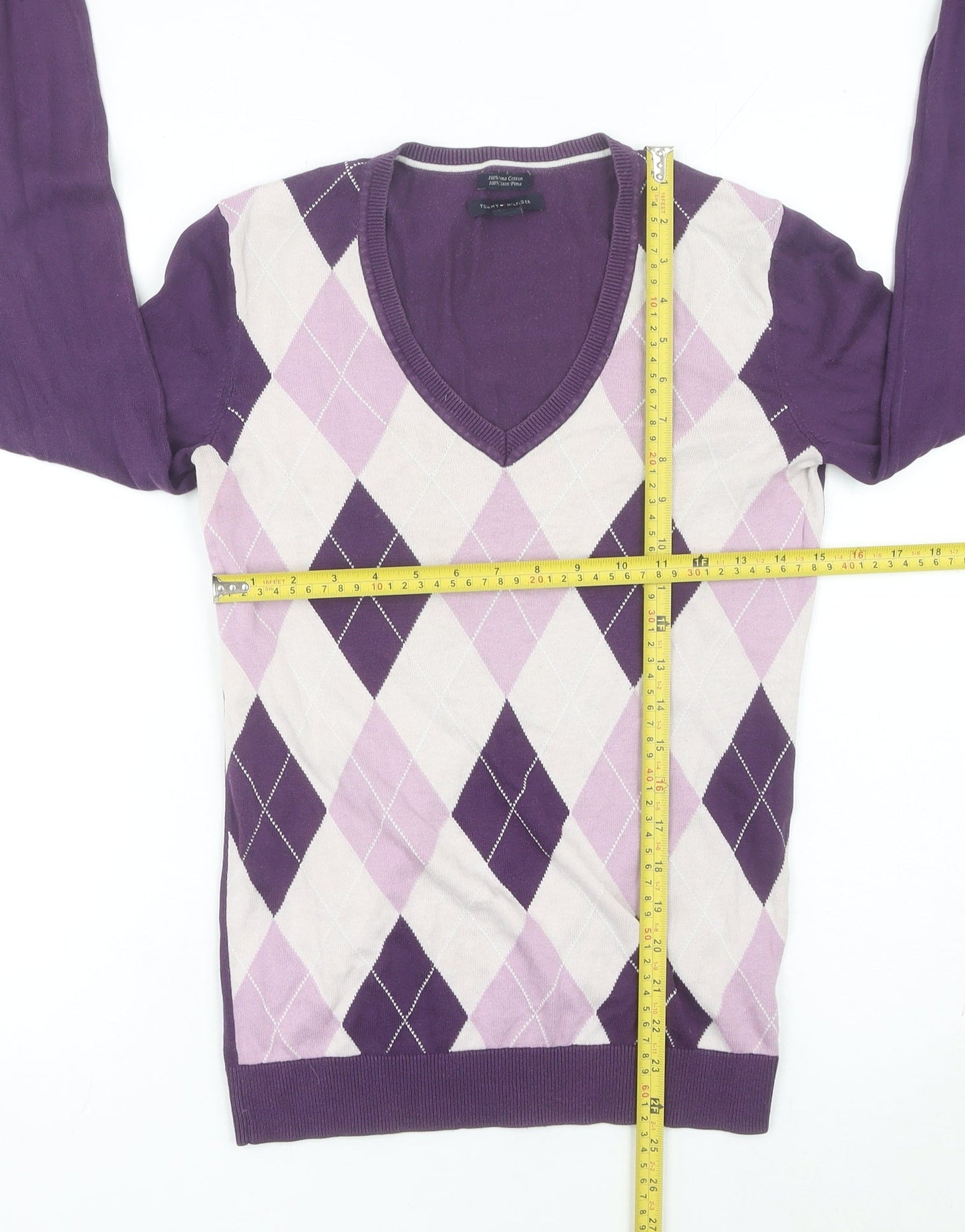 Tommy Hilfiger Men’s Purple Argyle V-Neck Cotton Jumper Size S