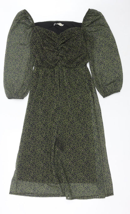 Claudia Collezioni Women's Green Leopard Print Puff Sleeve Dress S