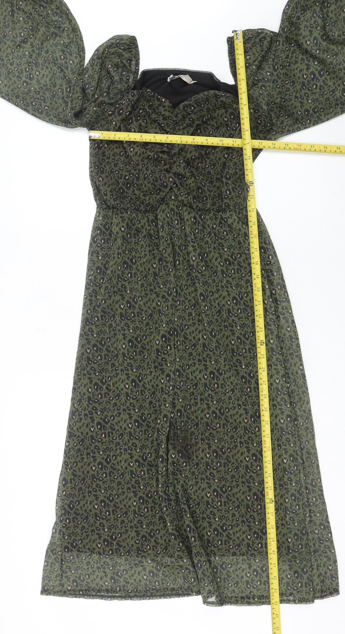 Claudia Collezioni Women's Green Leopard Print Puff Sleeve Dress S