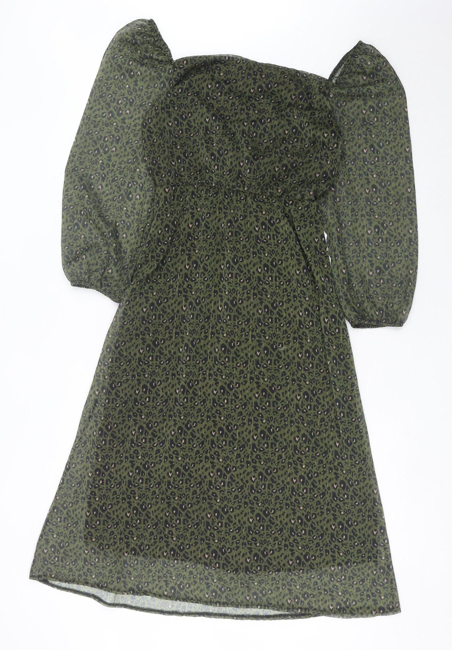 Claudia Collezioni Women's Green Leopard Print Puff Sleeve Dress S