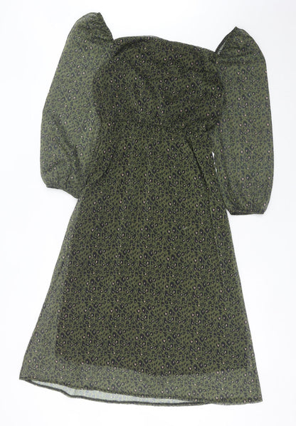 Claudia Collezioni Women's Green Leopard Print Puff Sleeve Dress S