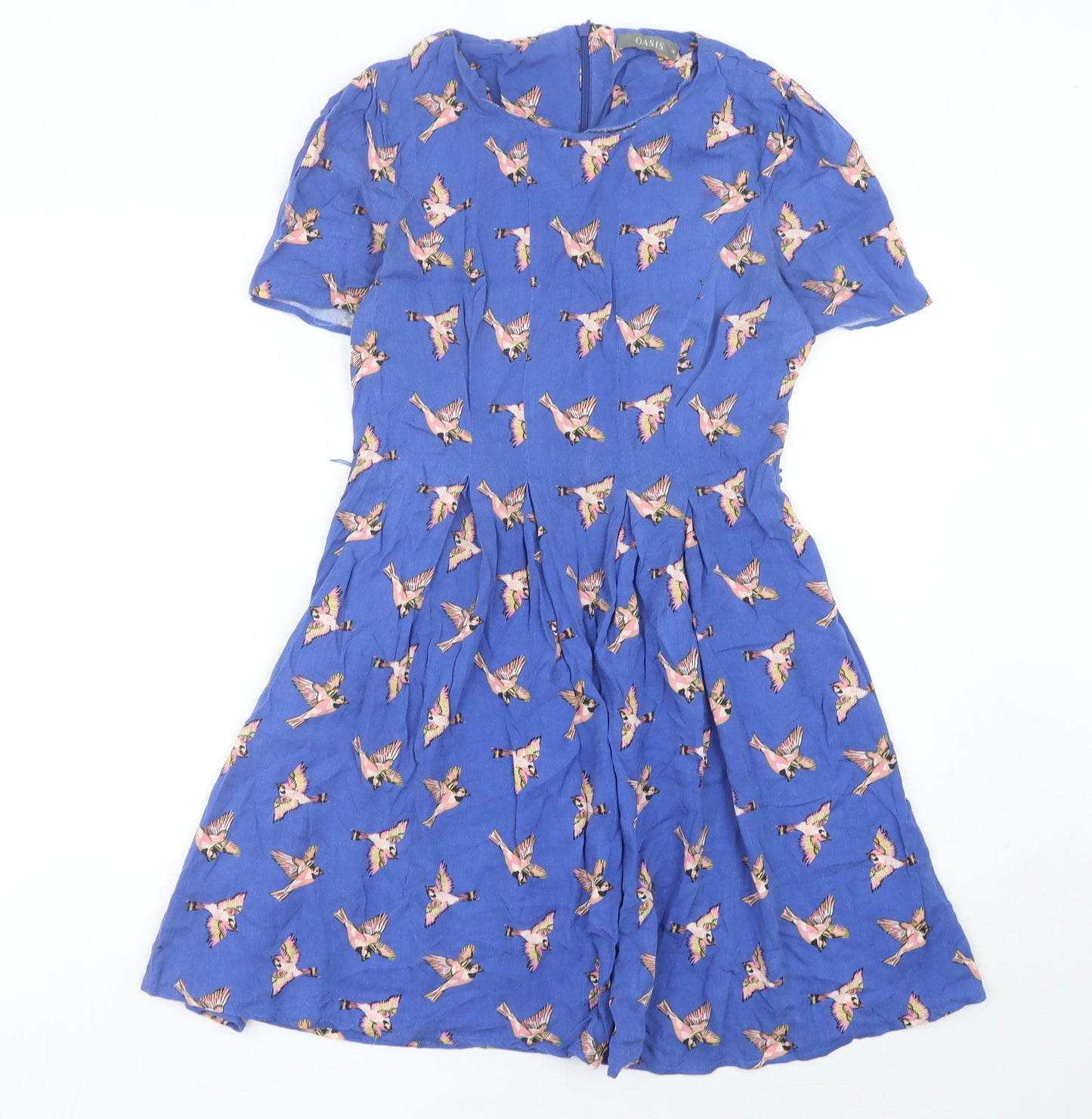 Oasis Women’s Blue Bird Print Fit & Flare Dress UK 10 Short Sleeve