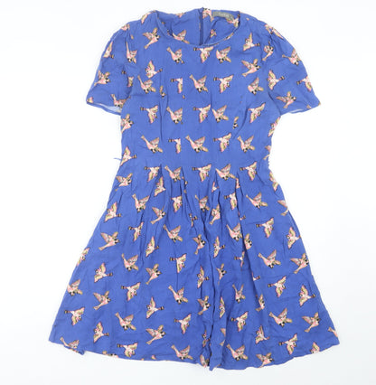 Oasis Women’s Blue Bird Print Fit & Flare Dress UK 10 Short Sleeve