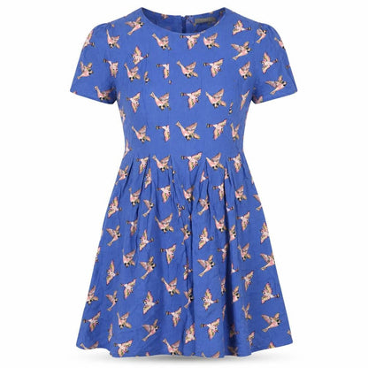 Oasis Women’s Blue Bird Print Fit & Flare Dress UK 10 Short Sleeve
