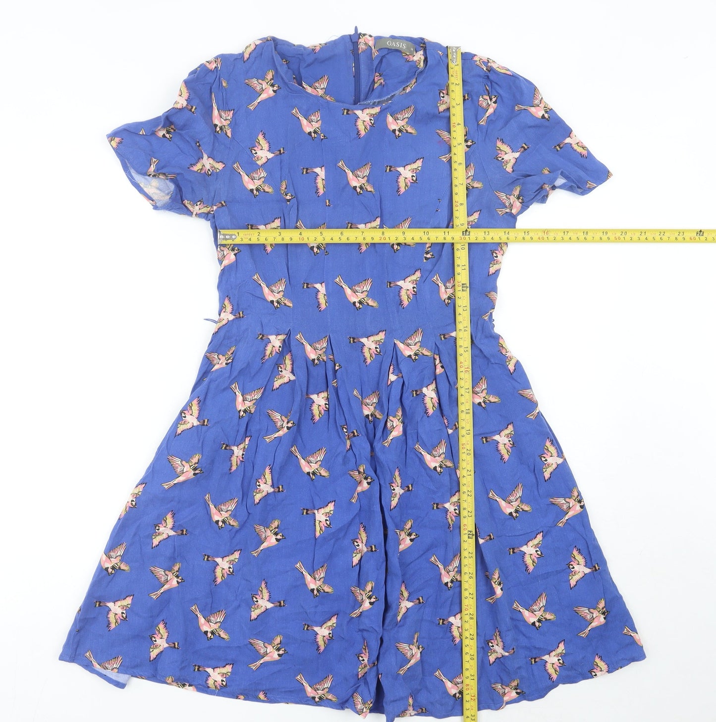 Oasis Women’s Blue Bird Print Fit & Flare Dress UK 10 Short Sleeve