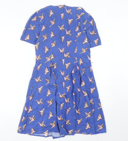 Oasis Women’s Blue Bird Print Fit & Flare Dress UK 10 Short Sleeve