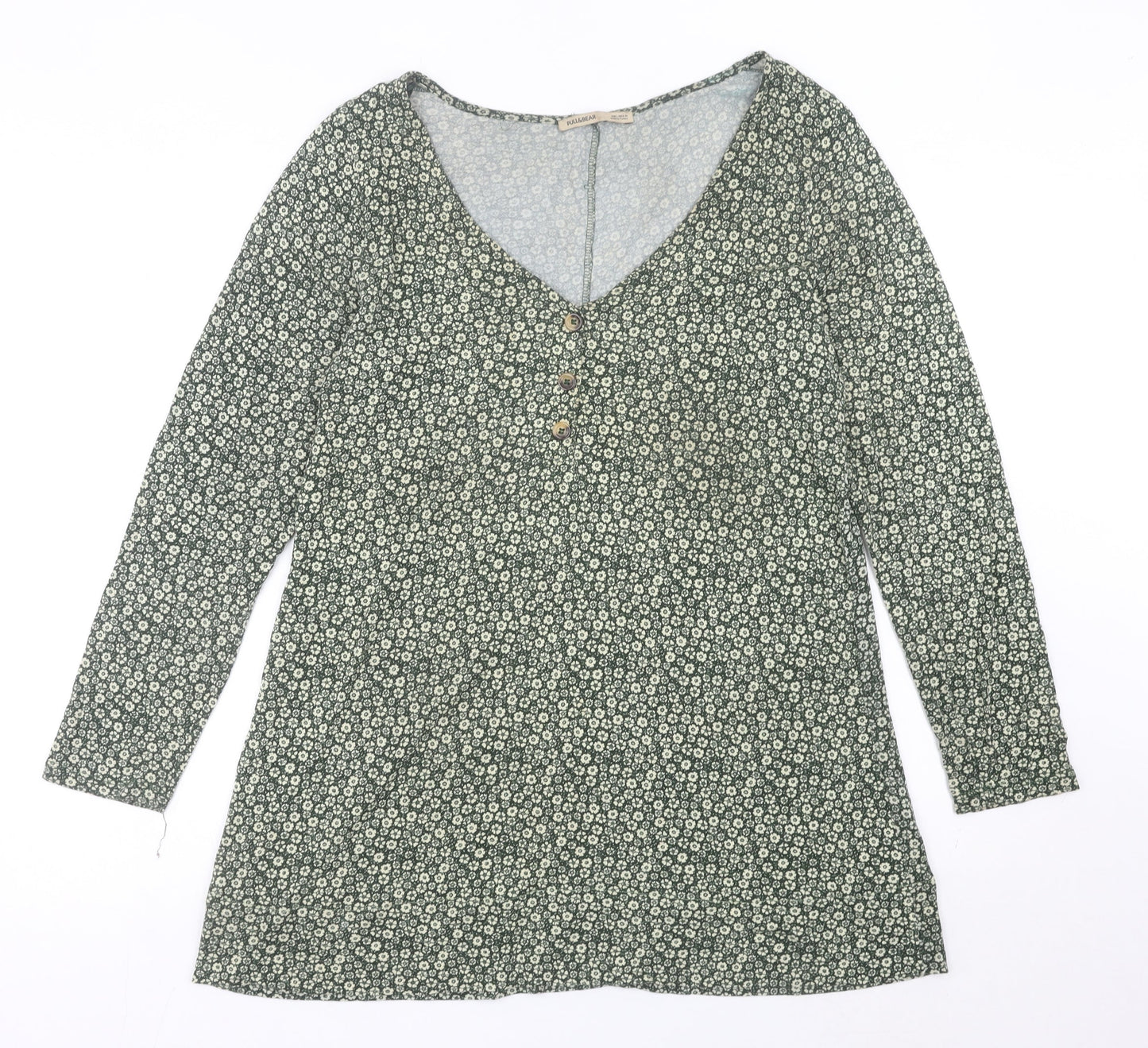 Pull&Bear Womens Green Floral Shift Mini Dress Size 14 V-Neck Long Sleeve