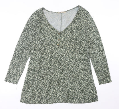 Pull&Bear Womens Green Floral Shift Mini Dress Size 14 V-Neck Long Sleeve