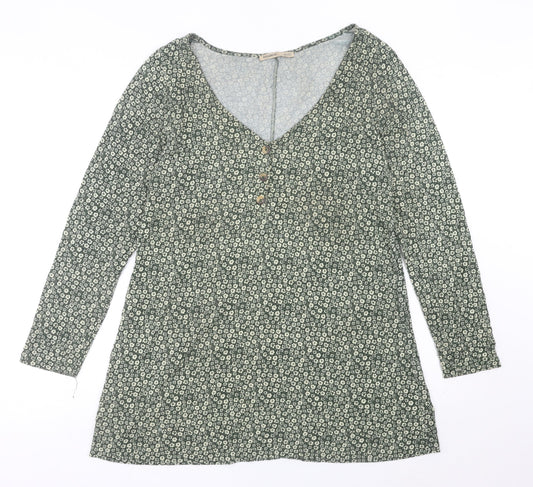 Pull&Bear Womens Green Floral Shift Mini Dress Size 14 V-Neck Long Sleeve
