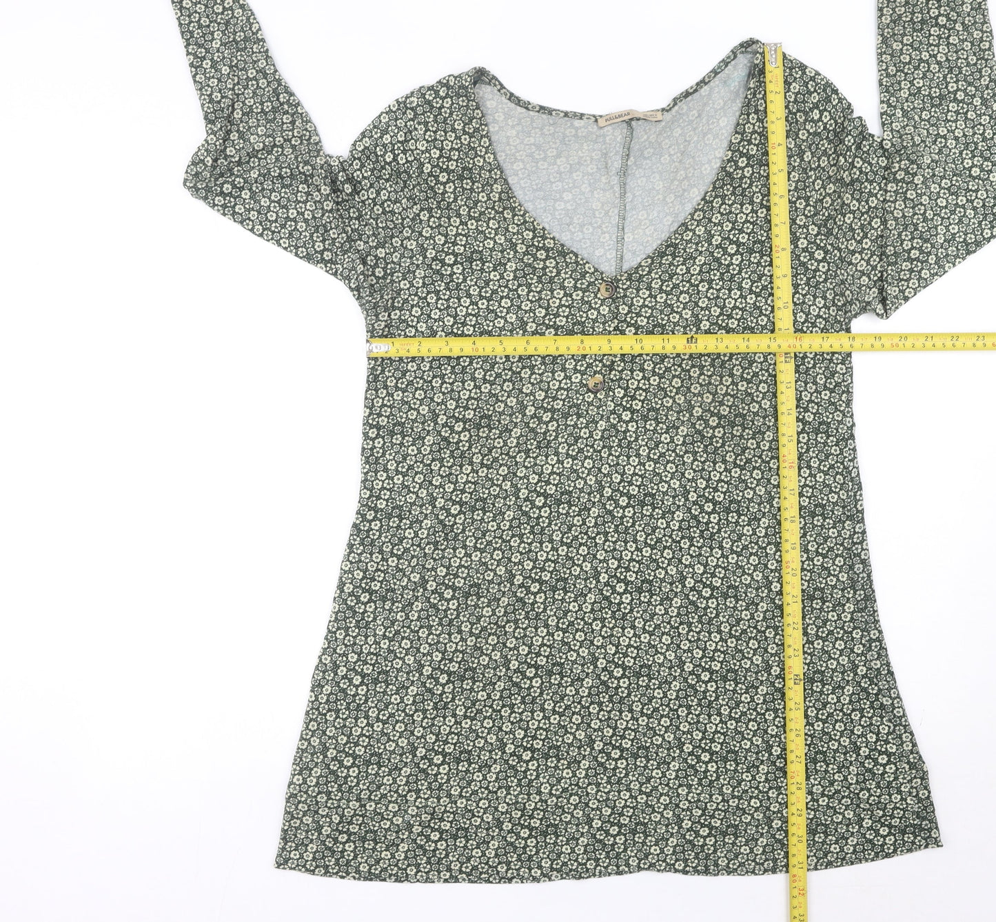 Pull&Bear Womens Green Floral Shift Mini Dress Size 14 V-Neck Long Sleeve