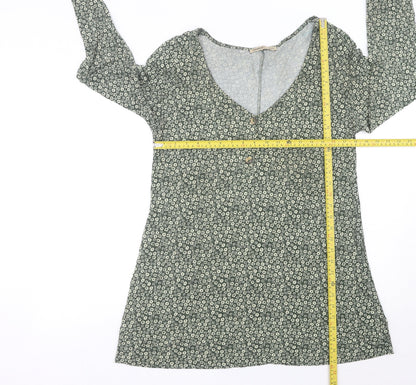 Pull&Bear Womens Green Floral Shift Mini Dress Size 14 V-Neck Long Sleeve
