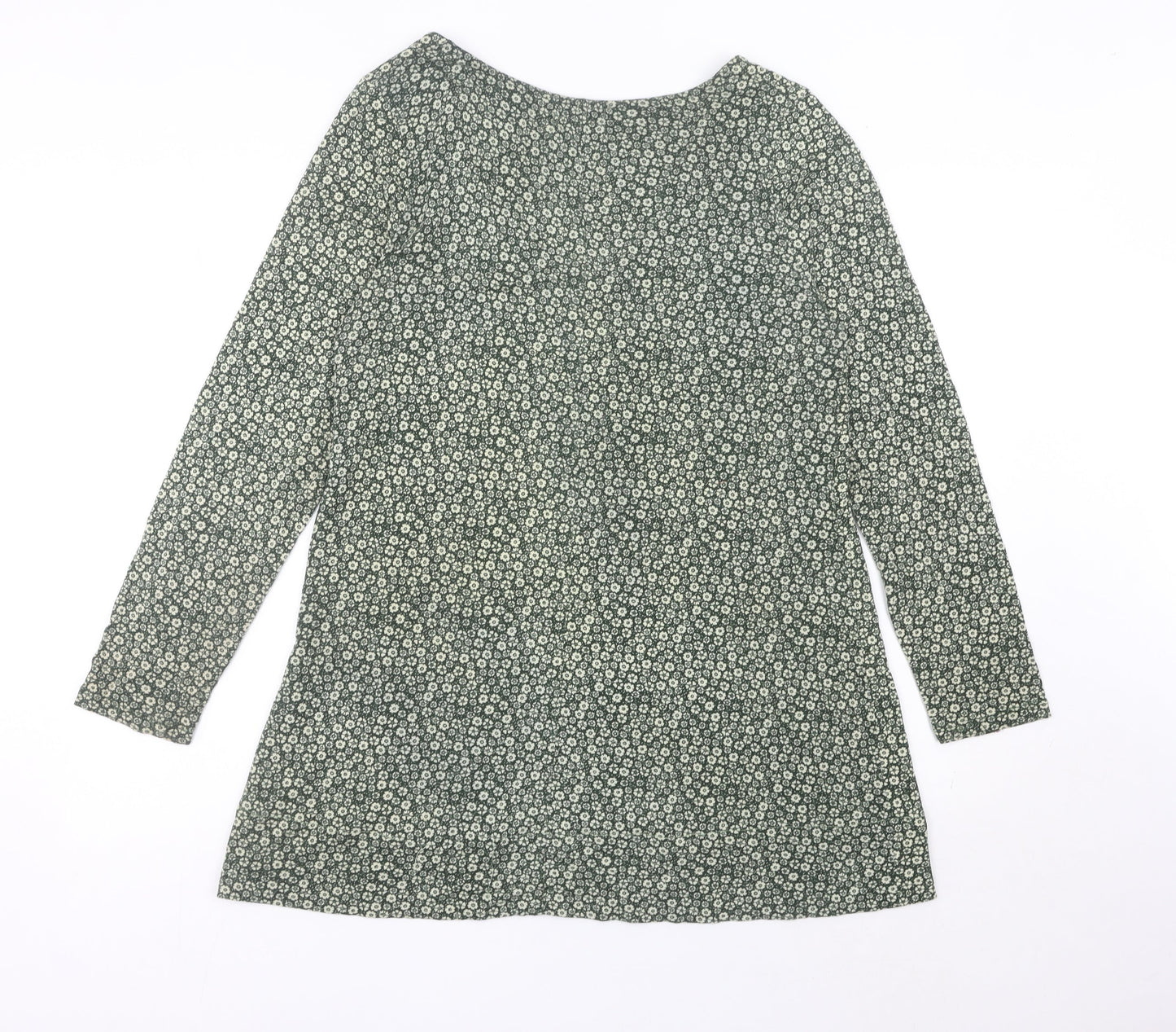 Pull&Bear Womens Green Floral Shift Mini Dress Size 14 V-Neck Long Sleeve