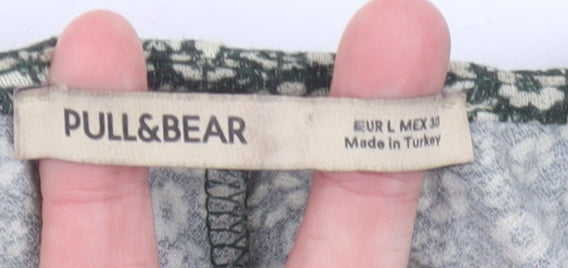 Pull&Bear Womens Green Floral Shift Mini Dress Size 14 V-Neck Long Sleeve