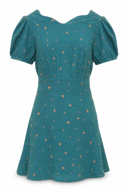 Front view of Free People Women’s Green Polka Dot Short Puff Sleeve Fit & Flare Dress, size UK 4