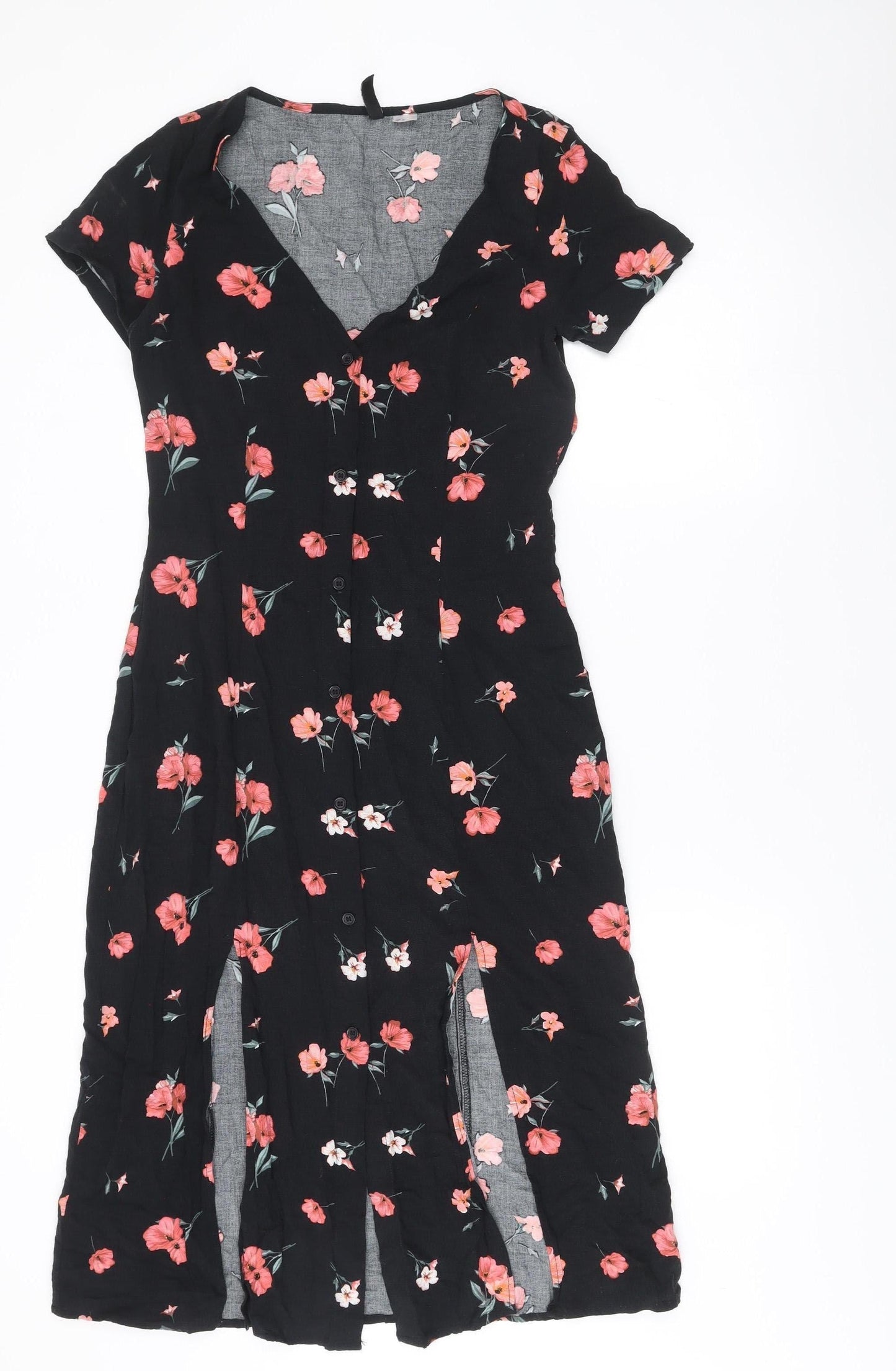 H&M Divided Womens Black Floral Midi Shirt Dress Size 12 Viscose