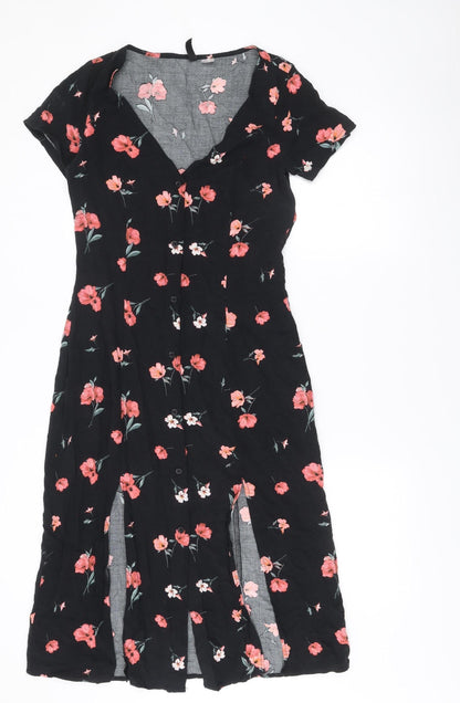 H&M Divided Womens Black Floral Midi Shirt Dress Size 12 Viscose