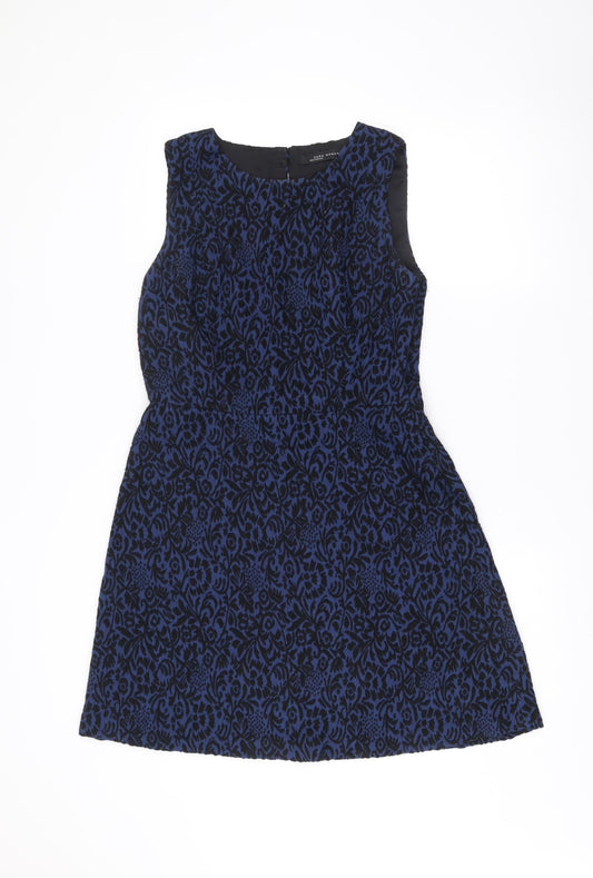 Zara Women Blue Floral Jacquard Sleeveless A-Line Dress Size 12