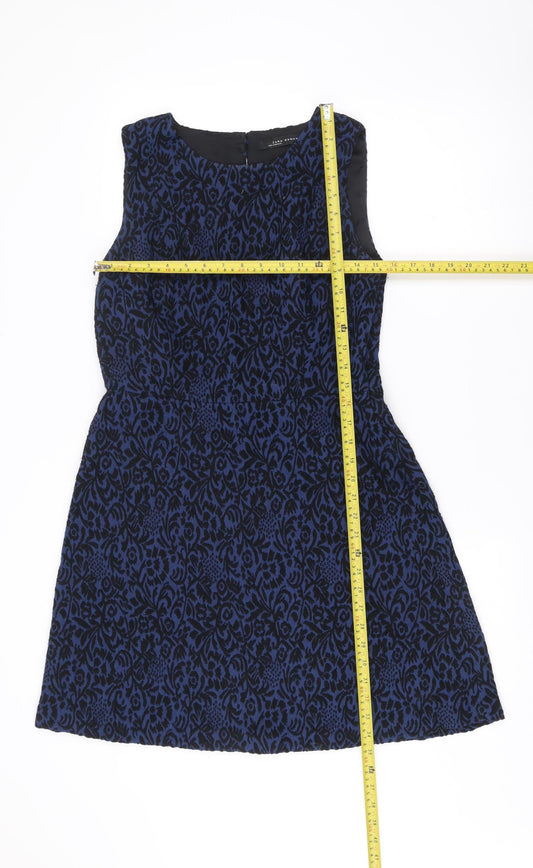 Zara Women Blue Floral Jacquard Sleeveless A-Line Dress Size 12