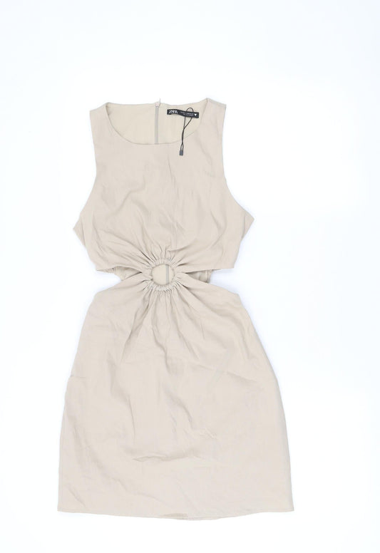 Zara Women Beige XS A-Line Sleeveless Cut Out Mini Dress
