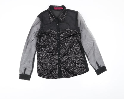 Boohoo Womens Black Sequin Sheer Long Sleeve Button-Up Blouse Size 8
