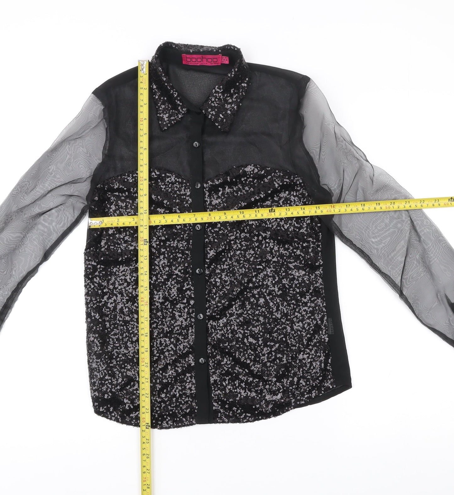 Boohoo Womens Black Sequin Sheer Long Sleeve Button-Up Blouse Size 8