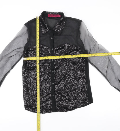 Boohoo Womens Black Sequin Sheer Long Sleeve Button-Up Blouse Size 8