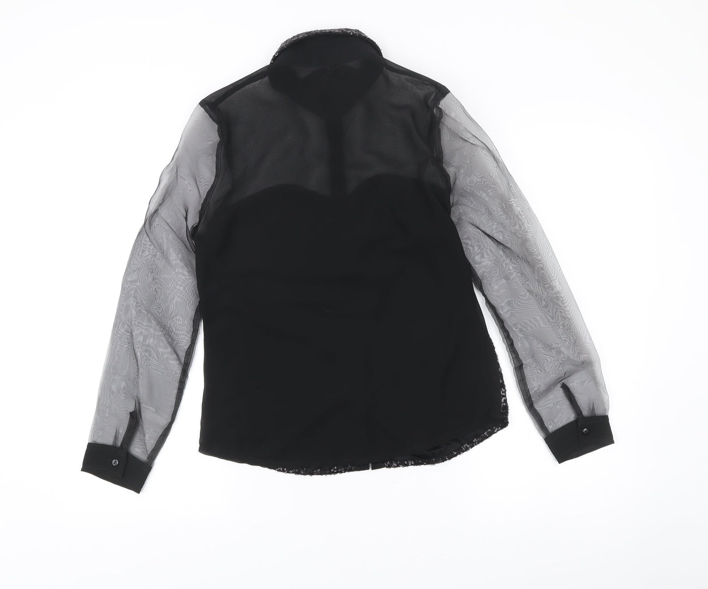 Boohoo Womens Black Sequin Sheer Long Sleeve Button-Up Blouse Size 8