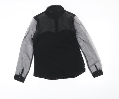 Boohoo Womens Black Sequin Sheer Long Sleeve Button-Up Blouse Size 8