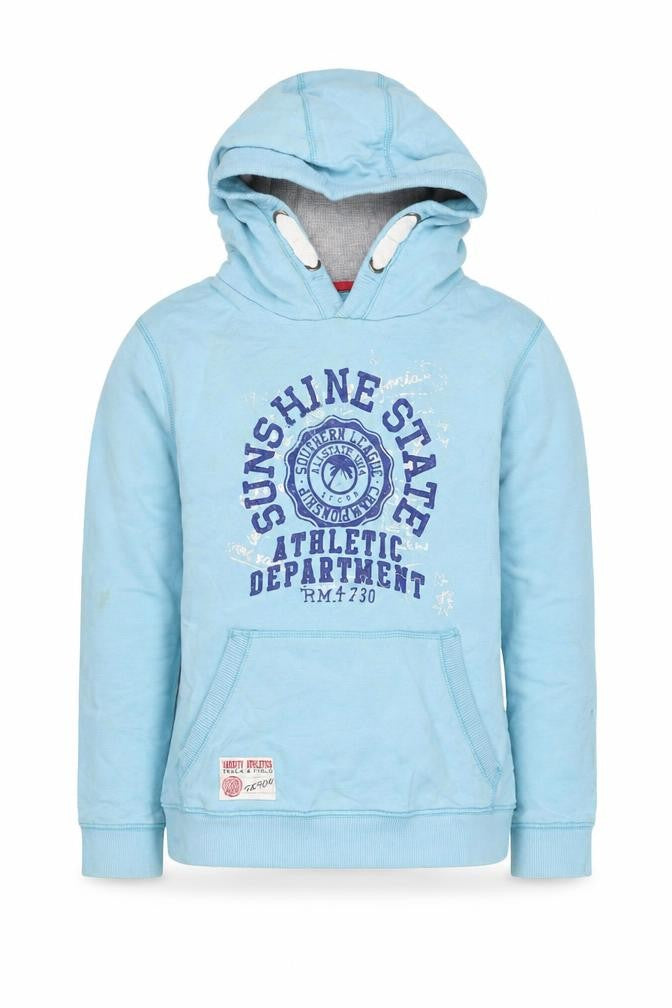 Front view of Tu boys’ blue pullover hoodie 10 years graphic athletic sweatshirt