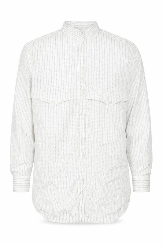Front view of Jaeger Men's White Striped Cotton Band Collar Button-Up Shirt 15 M