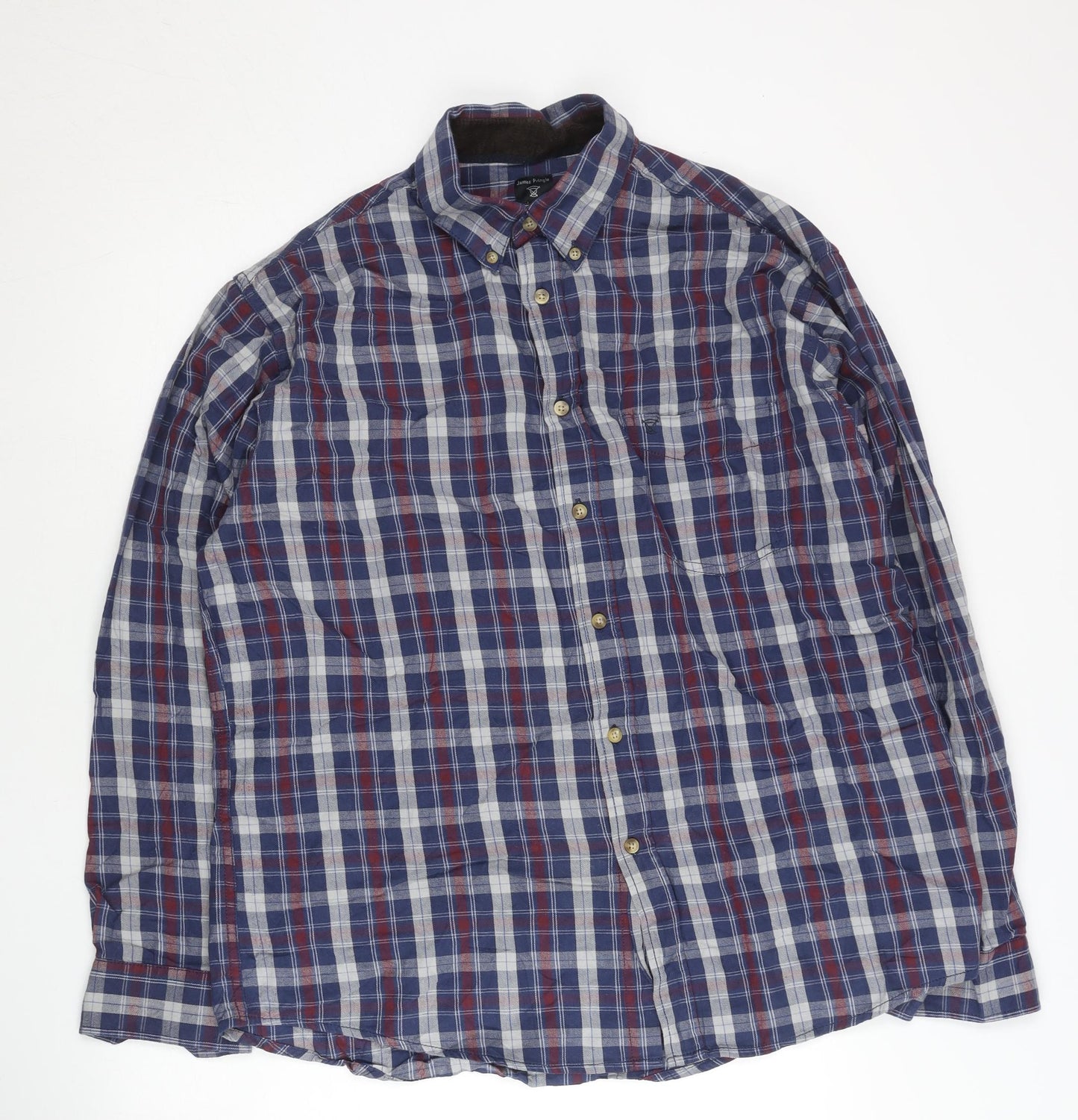 James Pringle Mens Blue Checked L Regular Fit Cotton Button-Up Shirt