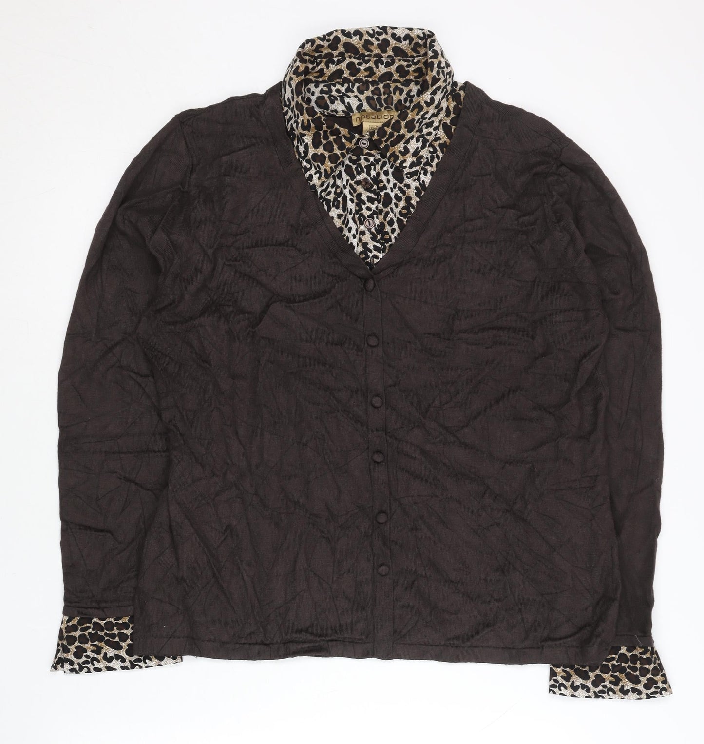 Notations Womens Brown Leopard Print XL Cardigan Long Sleeve V-Neck