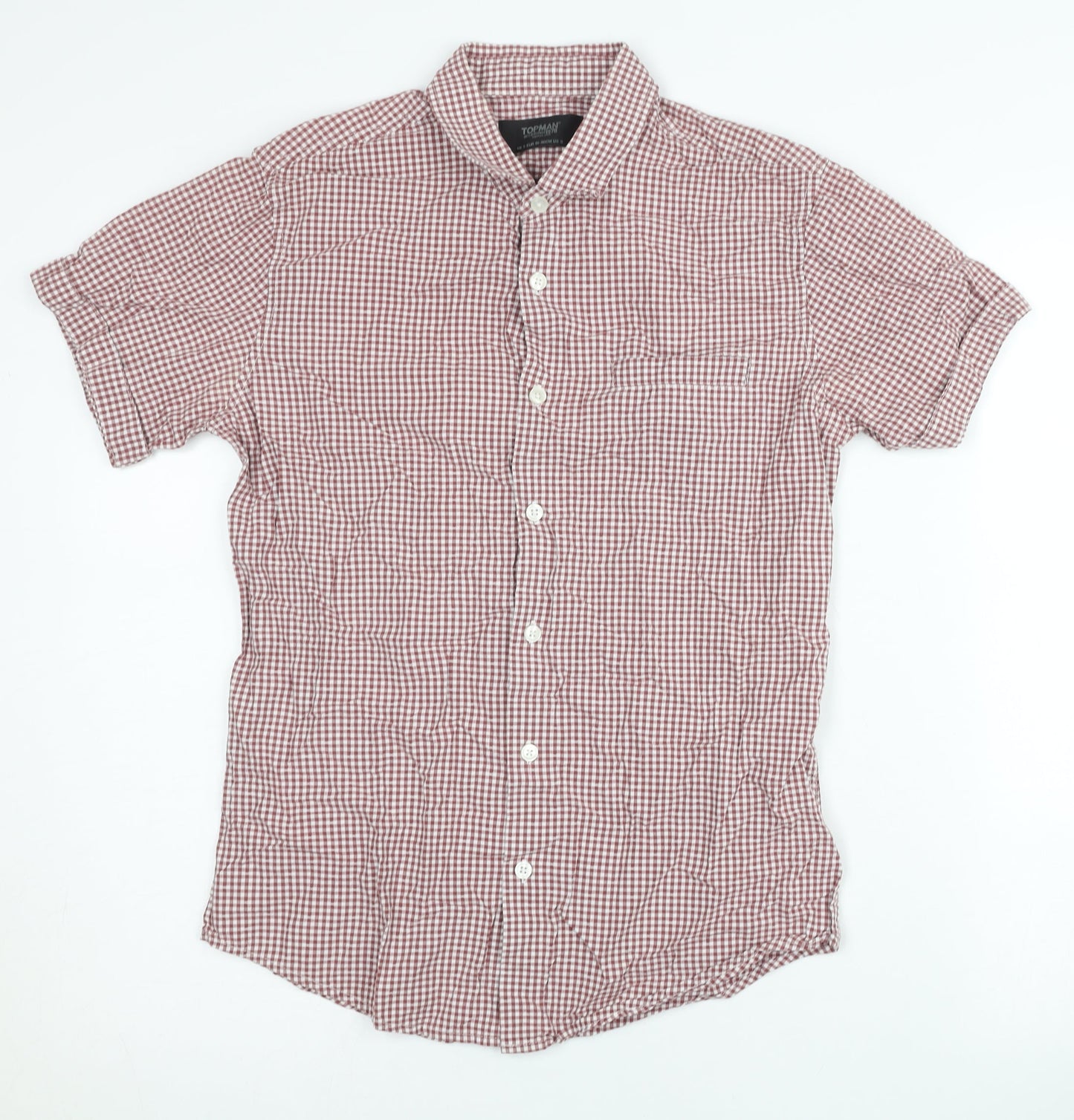 Topman Mens Red Check Cotton Slim Fit Short Sleeve Shirt S
