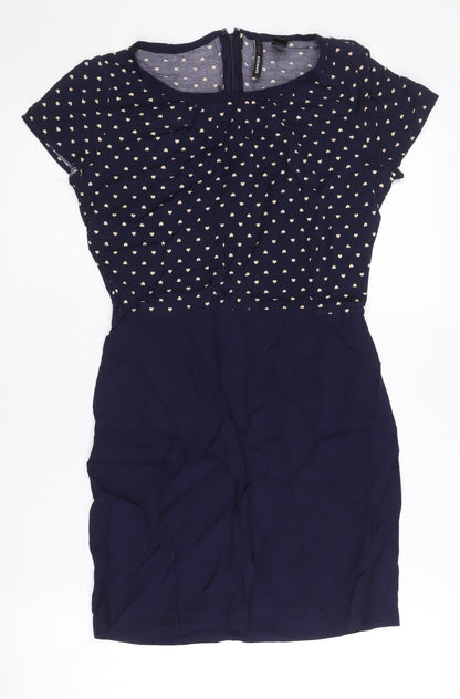 Mango Women’s Blue Heart Print Sheath Dress XS Short Sleeve