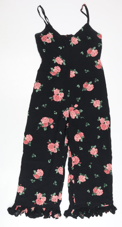 Nobody's Child Women's Black Floral Wide-Leg Sleeveless Jumpsuit Size 8