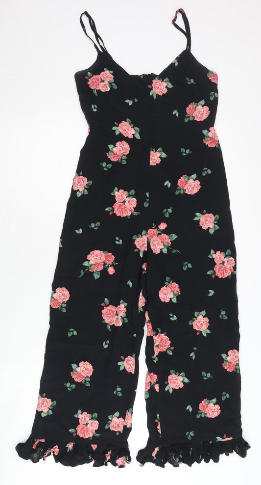 Nobody's Child Women's Black Floral Wide-Leg Sleeveless Jumpsuit Size 8