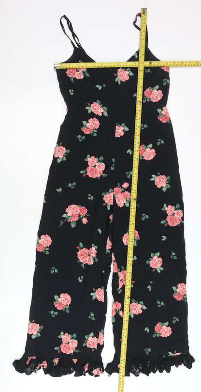 Nobody's Child Women's Black Floral Wide-Leg Sleeveless Jumpsuit Size 8