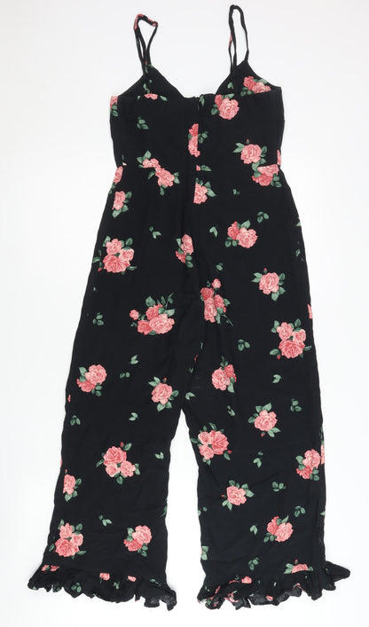 Nobody's Child Women's Black Floral Wide-Leg Sleeveless Jumpsuit Size 8