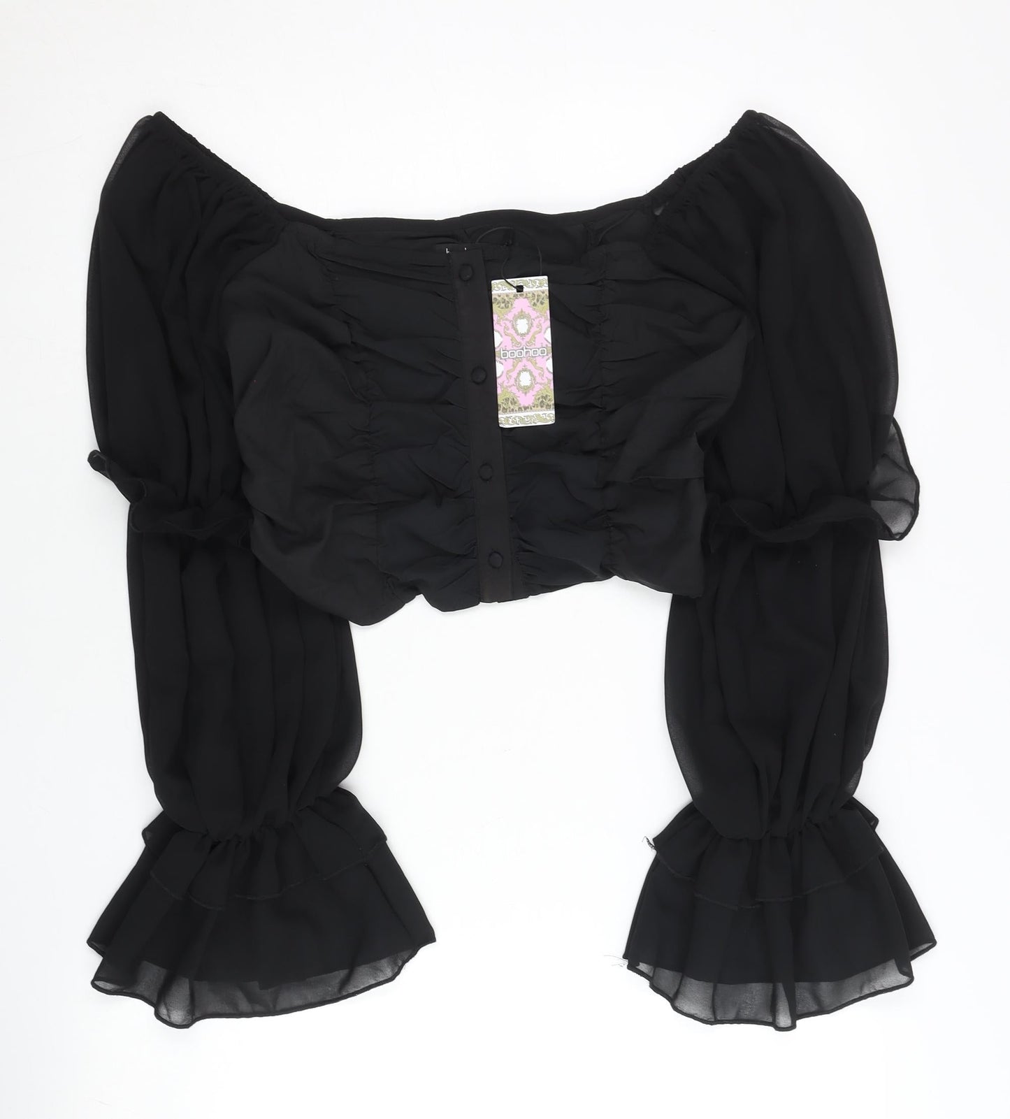 Boohoo Womens Black Size 10 Cropped Puff Sleeve Chiffon Blouse