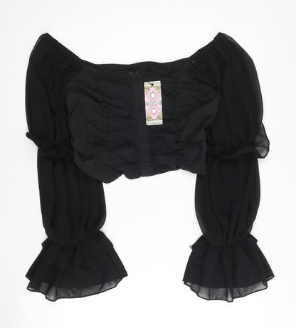 Boohoo Womens Black Size 10 Cropped Puff Sleeve Chiffon Blouse