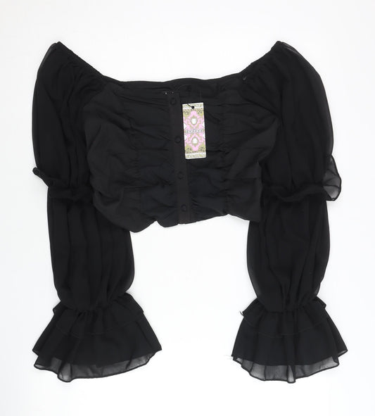 Boohoo Womens Black Size 10 Cropped Puff Sleeve Chiffon Blouse