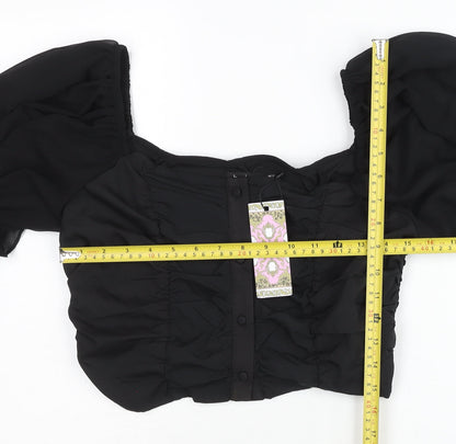 Boohoo Womens Black Size 10 Cropped Puff Sleeve Chiffon Blouse