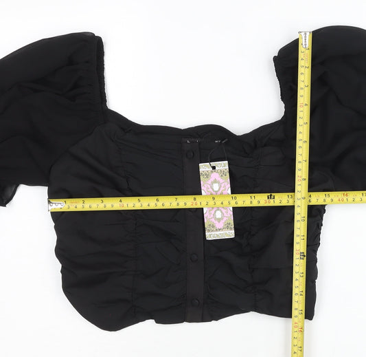 Boohoo Womens Black Size 10 Cropped Puff Sleeve Chiffon Blouse